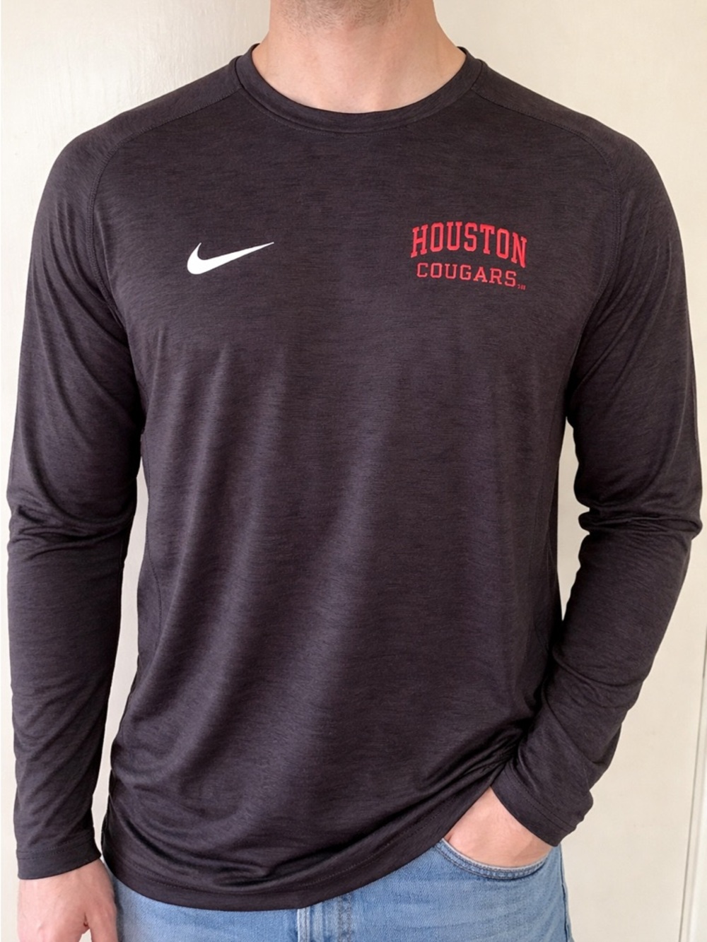 Nike Houston Cougars Long Sleeve Performance Tee - Black with Red Logo